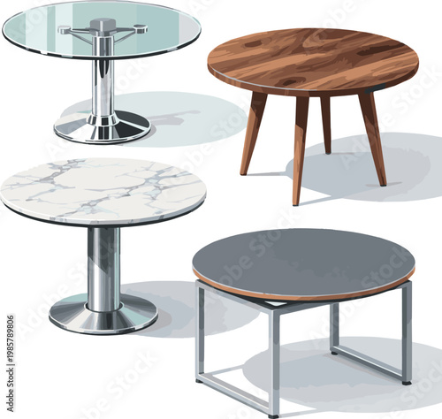 Isolated a realistic kinds of deferent Round conference Table vector art with white background.