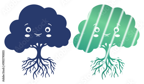 Two cartoon trees with roots, one dark blue and one green with stripes, showing contrasting emotions.