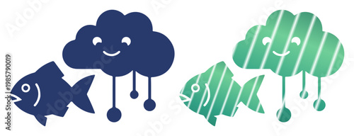 Cute cartoon clouds with smiling faces and falling raindrops next to playful fish.