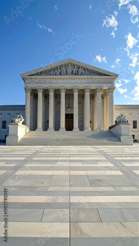 A majestic white stone building with columns under a blue sky