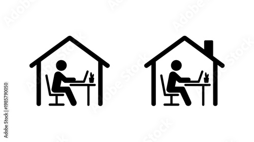 Two simplified icons illustrating remote work from home with a person using a laptop at a desk inside a house symbol