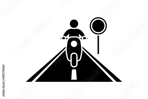 Stylized illustration of a person riding a scooter on a road with a traffic sign