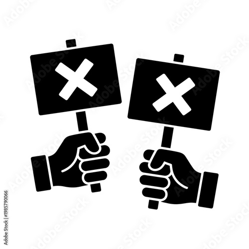 Two hands holding protest signs with a large white cross symbol indicating disapproval or rejection
