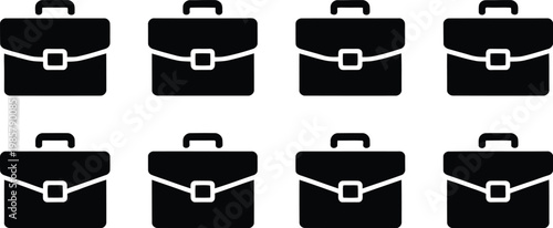 Professional briefcase icons set, black business bag vector silhouettes, collection of 8 office portfolio symbols for corporate identity