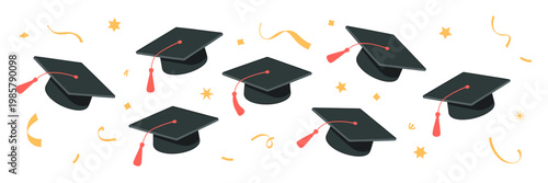 Illustration of multiple graduation caps with red tassels surrounded by confetti and stars isolated on transparent background