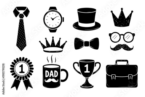Collection of stylized black fatherhood icons including a tie watch top hat crowns and trophy