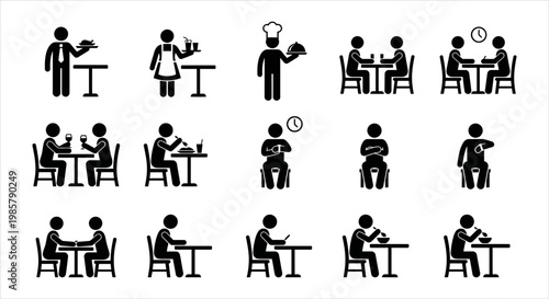 Restaurant and cafe icons depicting dining, service, and customers