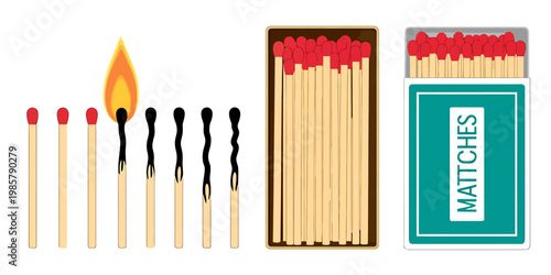 Illustrated matches burning and packaged in box and matchbox