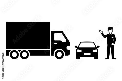 Police officer directing truck and car traffic on road