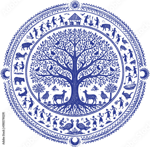 Obraz na płótnie Hand Drawn Indian Warli Tribal Art Illustration with Traditional Folk Figures, G