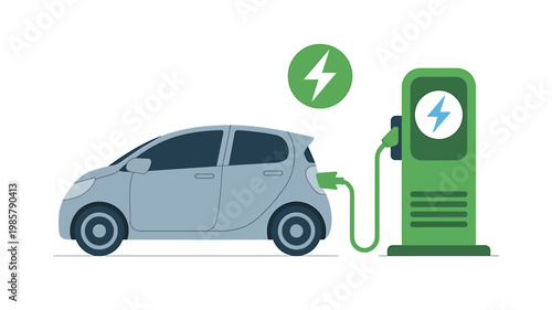Modern electric car charging at a green power station with lightning bolt symbols indicating energy