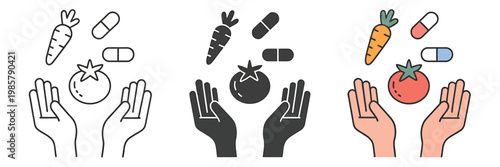 Pair of hands catching and balancing healthy food and medication icons symbolizing choice
