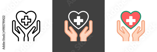 Three stylized medical heart icons with plus signs held by hands offer healthcare support
