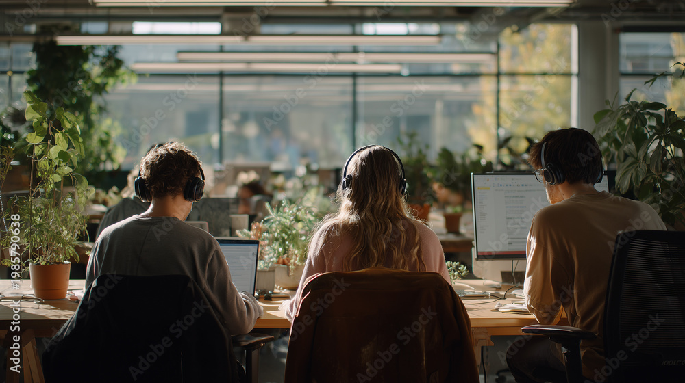 Obraz premium A group of diverse young Gen Z professionals working on laptops with headphones in a modern sustainable office filled with plants