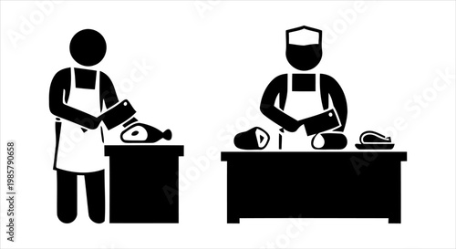 Stylized stick figure icons of butchers professionally preparing and cutting meat