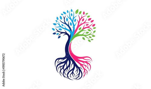 Colorful Tree of Life Illustration with Vibrant Roots and Leaves for Growth, Nature, and Spirituality Designs in Flat Vector Style