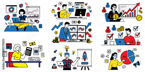 Business and finance vector character set. Corporate Memphis style illustration for marketing, accounting, startup, data analysis, and online shopping concepts, isolated