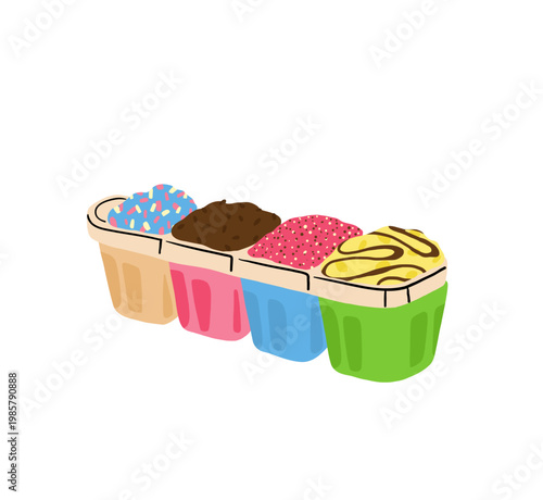 A set of Eskimo ice cream molds, popsicle molds. Ice cream in molds with various flavors. Vector illustration on a white background.