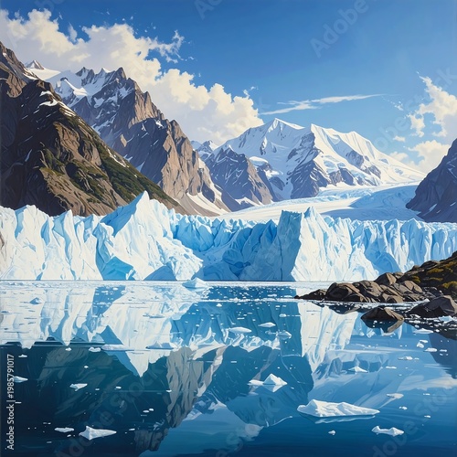 A serene landscape of a glacier surrounded by mountains (1)