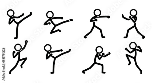 Dynamic Stick Figures Illustrating Diverse Martial Arts Techniques and Self-Defense Stances Collection