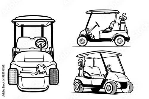 Dynamic collection of golf cart line art illustrations, perfect for sports, leisure, and recreational themes, capturing the essence of fairway fun and outdoor activities