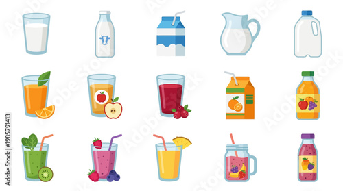 Various types of juice drinks.