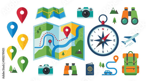 Travel navigation icons and symbols.