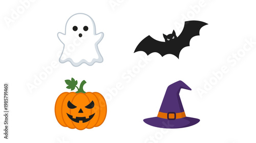Halloween icons ghost bat pumpkin hat.
