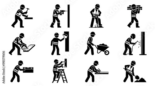 Construction workers in various actions.