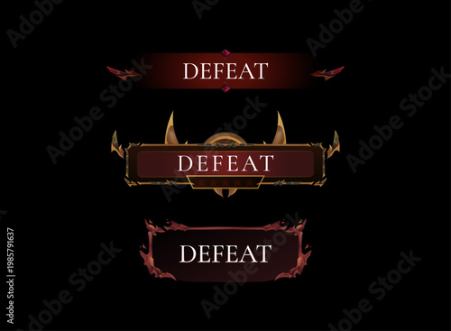Fantasy Game UI Defeat Banner, Dark RPG Interface HUD, Red Gold Game Over Screen, Premium Gaming UI Element