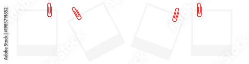 Realistic photo frame. White empty photo frame. Retro photograph Photos hanging on red paper clip