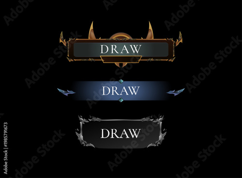 Fantasy Game UI Draw Banner, RPG Result Screen HUD, Dark Blue Gold Gaming Interface Element