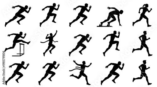 Multiple athletes in various running poses.