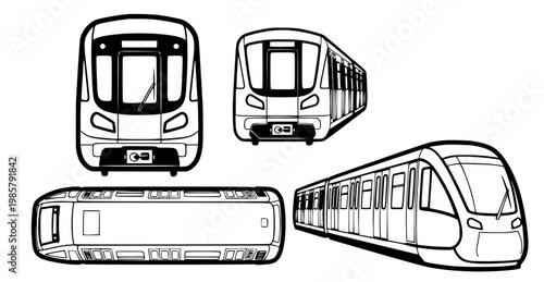 Collection of diverse angles of a modern subway train, showcasing its design and structure