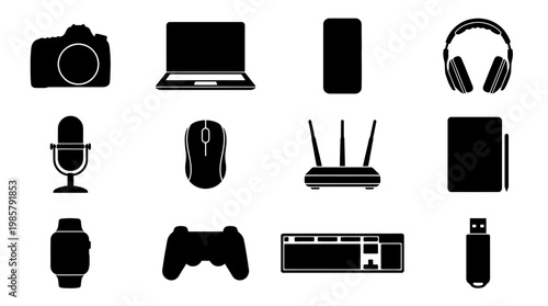 Black icons of electronic devices and gadgets.