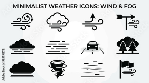 Minimalist weather icons wind fog.