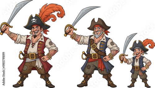 Cartoon Pirate Captain Family Set Adult and Child Characters Holding Swords in Traditional Costume Vector Illustration