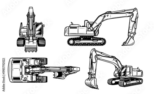 Line art illustrations of a powerful construction excavator from multiple angles. Emphasizes robust industrial design, engineering precision, and heavy earthmoving capabilities
