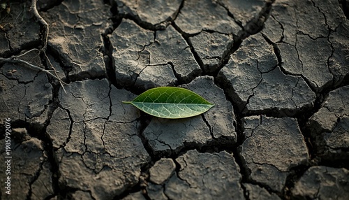 A vibrant green leaf on severely cracked earth represents nature's resilience and hope for restoration amidst global climate change and drought challenges