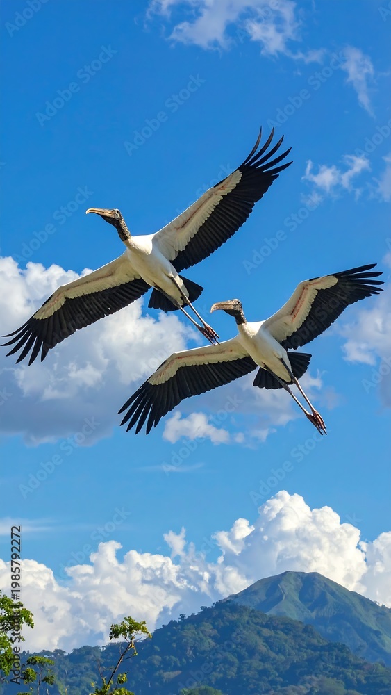 Obraz premium A scenic view of two birds flying over a mountain