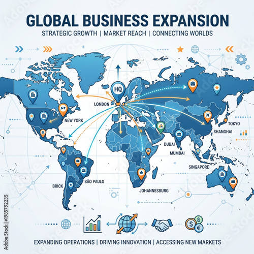 Global Business Expansion Strategy Map | International Market Growth and Connectivity | Strategic Business Reach Across Continents
