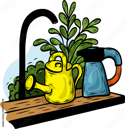 Yellow watering can with indoor plants for home gardening, vector illustration. Plant care concept with watering pot and green houseplants