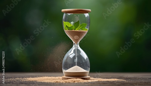 Hourglass with growing plant inside symbolizing the passage of time and the importance of nature