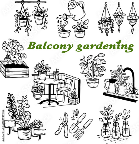 Balcony gardening line art icons set for urban jungle theme, vector illustration. Outline garden elements collection with plants and furniture