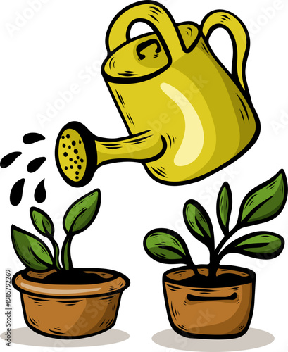 Yellow watering can with potted plants for garden maintenance, vector illustration. Plant care concept with watering pot and green houseplants
