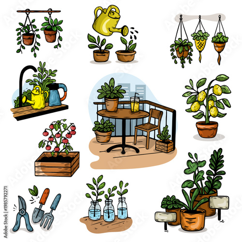 Balcony gardening vector set, urban rooftop garden, home plant growing illustrations