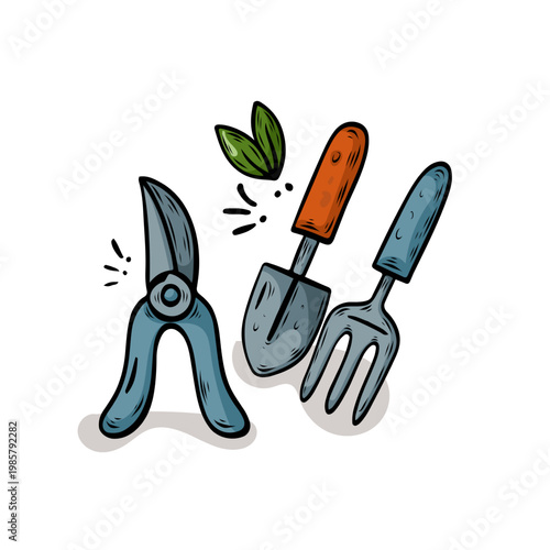 Gardening tools set with trowel rake and pruning shears, vector illustration. Hand drawn garden tools for farming and backyard maintenance