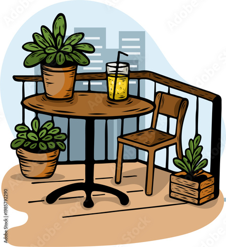 Urban balcony garden with wooden furniture and potted plants vector illustration. Cozy terrace exterior with outdoor plants and summer decor.