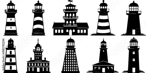 Nautical Lighthouse Silhouette Icon Set Collection Isolated on Transparent Background