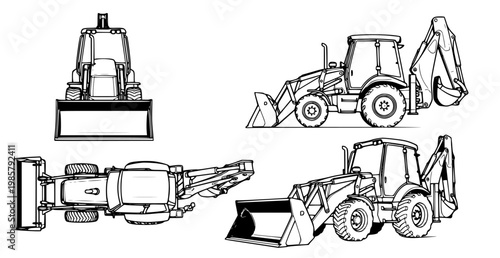 Set of four detailed line drawings of a backhoe loader in different views, showcasing its construction and mechanical features